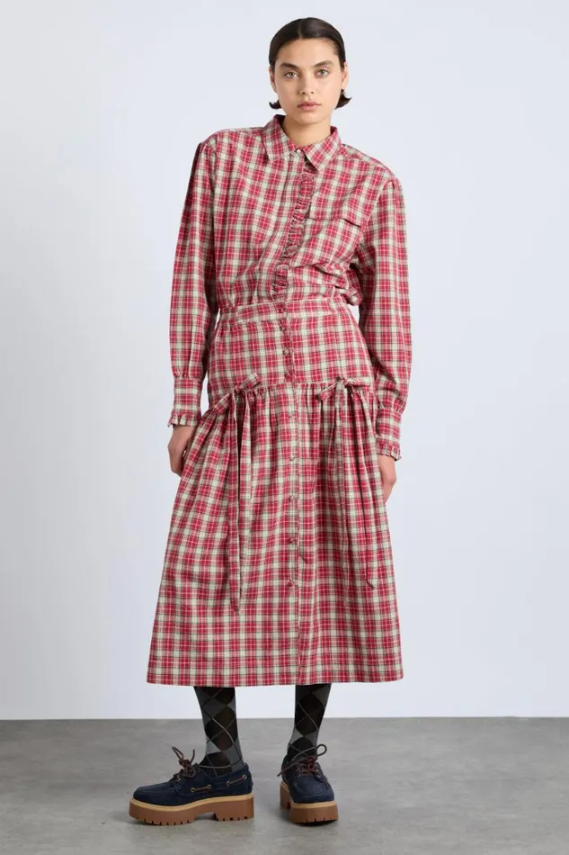 Women Bottoms Damson Madder Bronte Button Through Midi Skirt 8211 Red Check