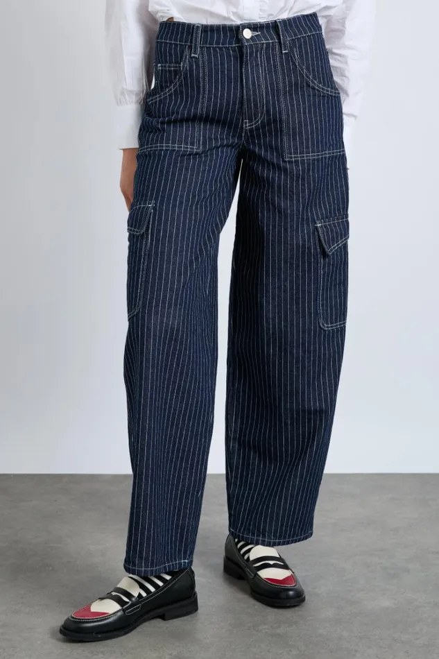 Women Bottoms Damson Madder Cargo Jeans 8211 Navy Pinstripe