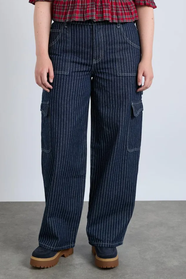 Women Bottoms Damson Madder Cargo Jeans 8211 Navy Pinstripe