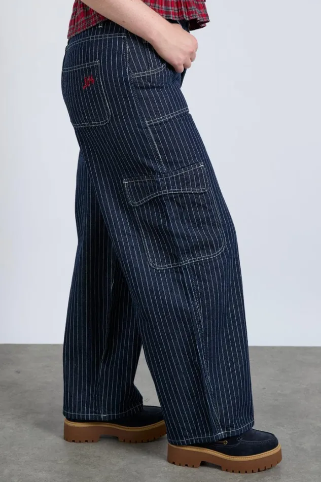 Women Bottoms Damson Madder Cargo Jeans 8211 Navy Pinstripe