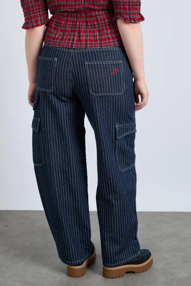Women Bottoms Damson Madder Cargo Jeans 8211 Navy Pinstripe