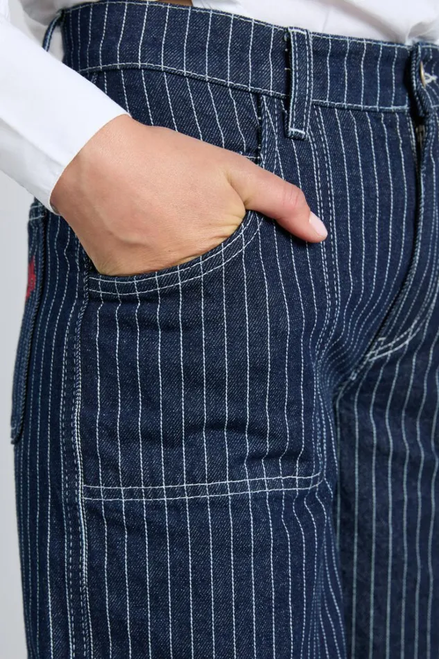 Women Bottoms Damson Madder Cargo Jeans 8211 Navy Pinstripe