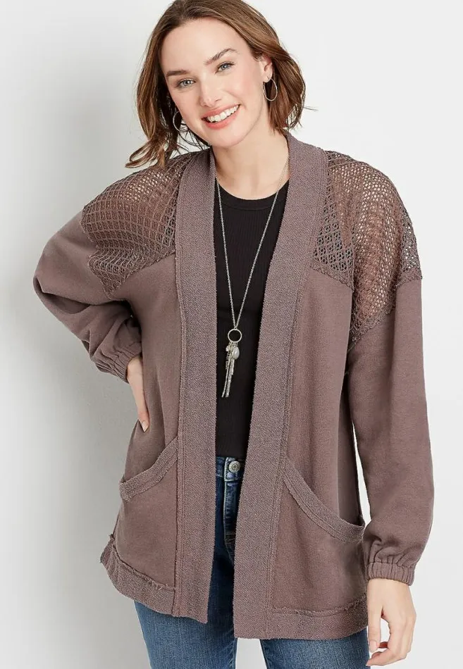 Women Brown Crochet Open Front Cardigan Maurices Tops