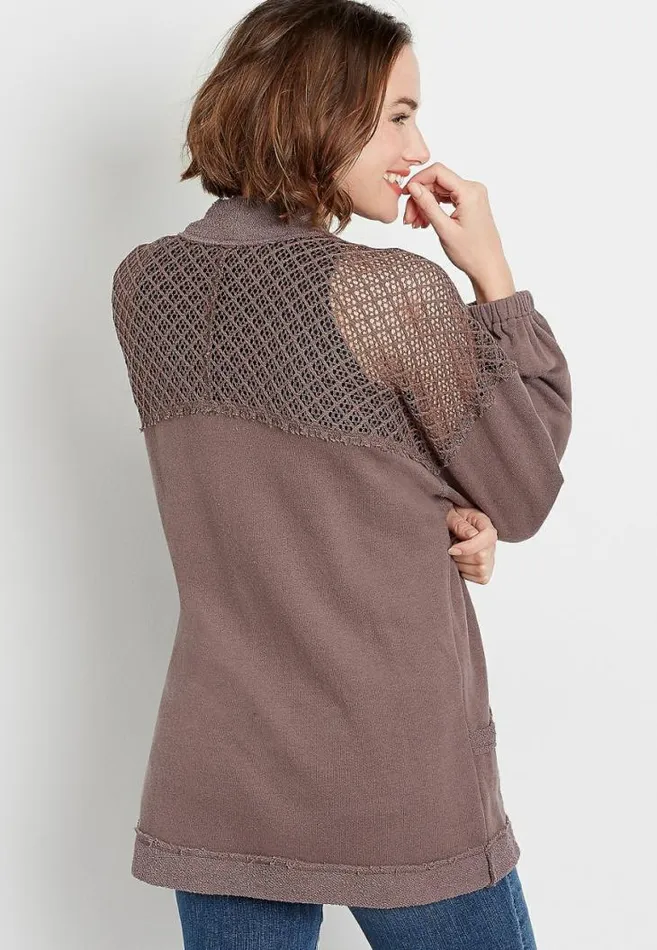 Women Brown Crochet Open Front Cardigan Maurices Tops