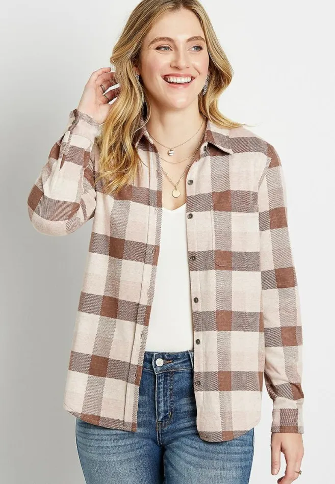 Women Buffalo Plaid Cozy Knit Flannel Button Down Shirt Maurices Tops
