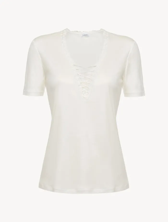 Women Camisoles La Perla Tshirt In Offwhite Modal With Embroidered Tulle