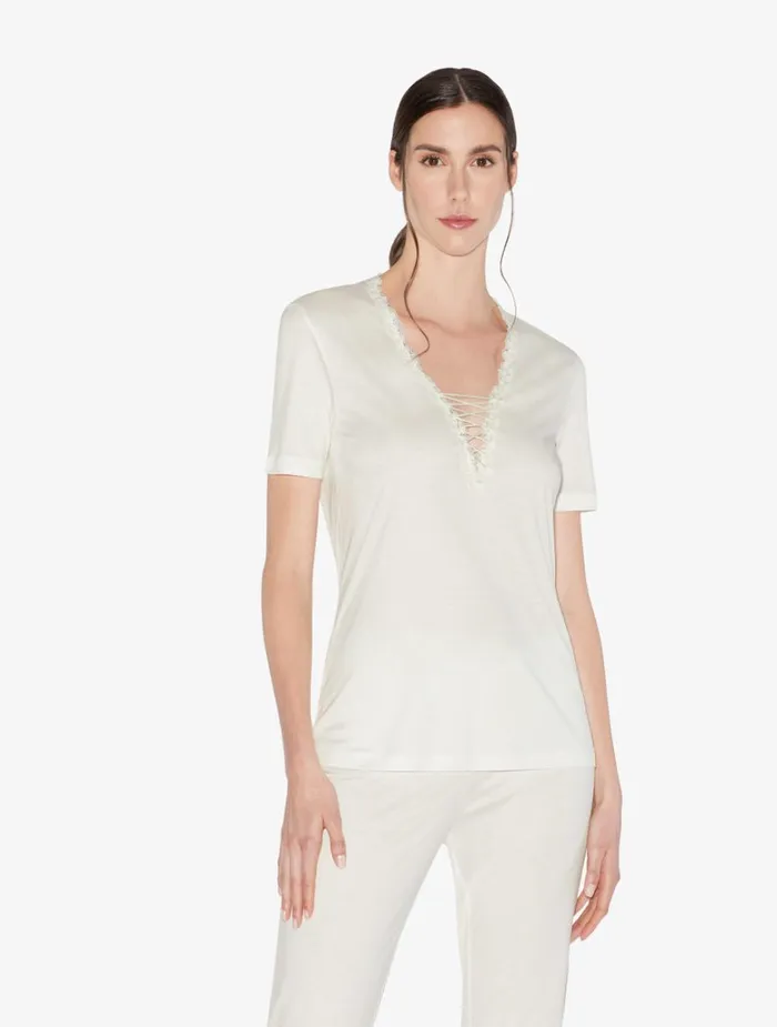 Women Camisoles La Perla Tshirt In Offwhite Modal With Embroidered Tulle