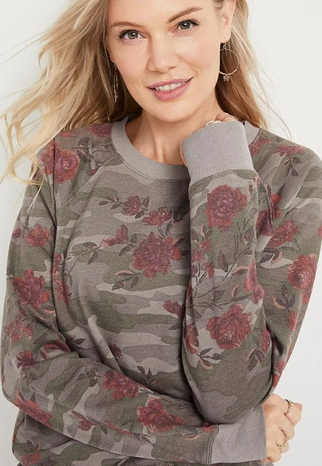 Women Camo Floral Crew Neck Sweatshirt Maurices Tops