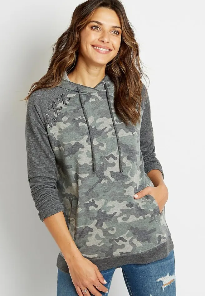 Women Camo Lace Up Shoulder Pullover Hoodie Maurices Tops
