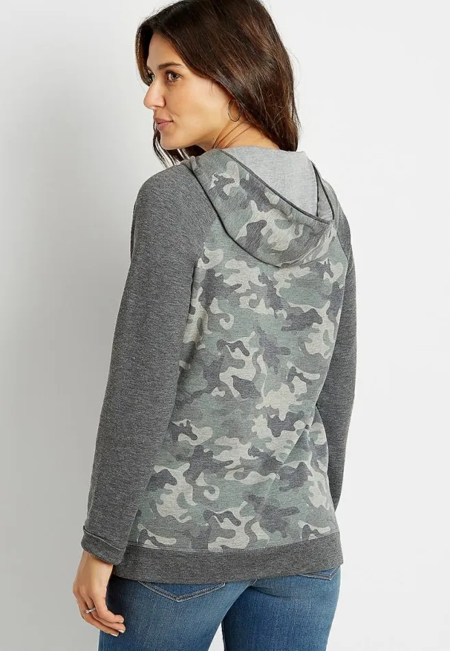 Women Camo Lace Up Shoulder Pullover Hoodie Maurices Tops