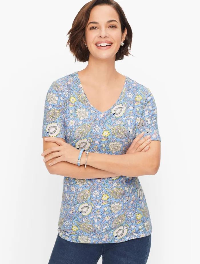 Women Cap And Short Sleeve Talbots Classic Cotton VNeck Tee Vista Blue Multi