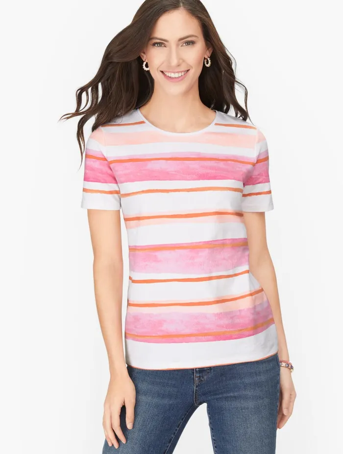 Women Cap And Short Sleeve Talbots Cotton Crew Neck Tee Greenblue