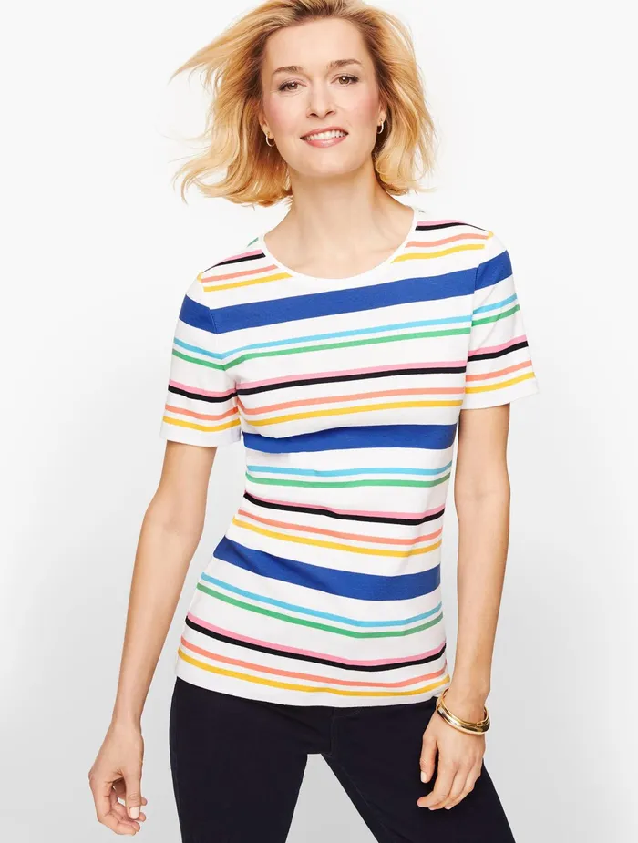 Women Cap And Short Sleeve Talbots Cotton Crewneck Tee White Multi