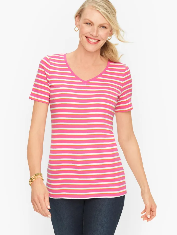 Women Cap And Short Sleeve Talbots Cotton VNeck Tee Aqua Splash Multi