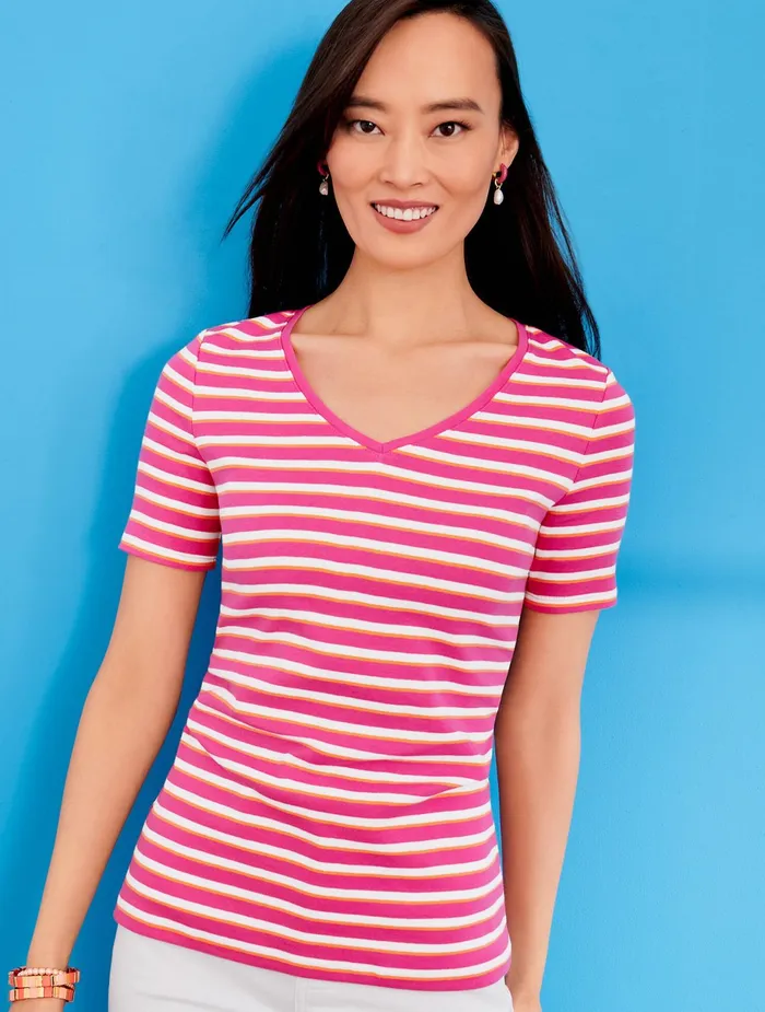 Women Cap And Short Sleeve Talbots Cotton VNeck Tee Aqua Splash Multi