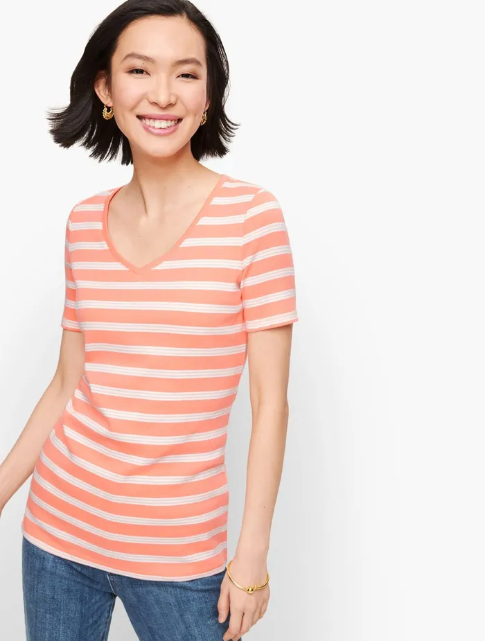Women Cap And Short Sleeve Talbots Cotton VNeck Tee Sunlit Coral