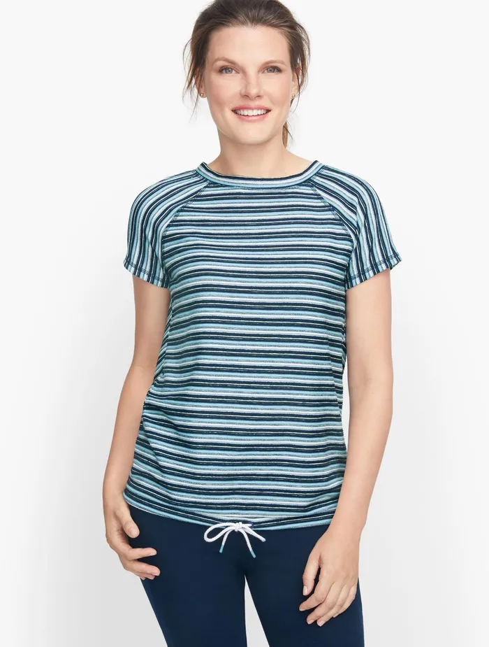 Women Cap And Short Sleeve Talbots Drawstring Hem Stripe Pullover Salt Blue Multi