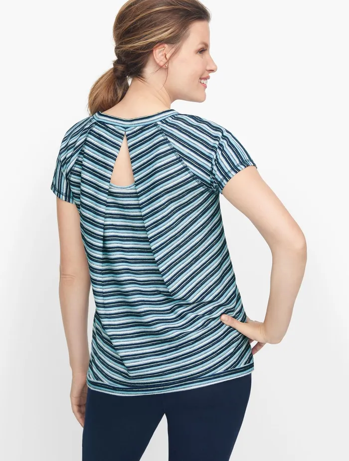 Women Cap And Short Sleeve Talbots Drawstring Hem Stripe Pullover Salt Blue Multi