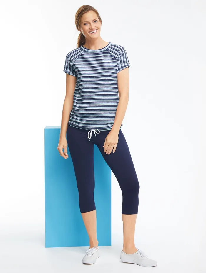 Women Cap And Short Sleeve Talbots Drawstring Hem Stripe Pullover Salt Blue Multi