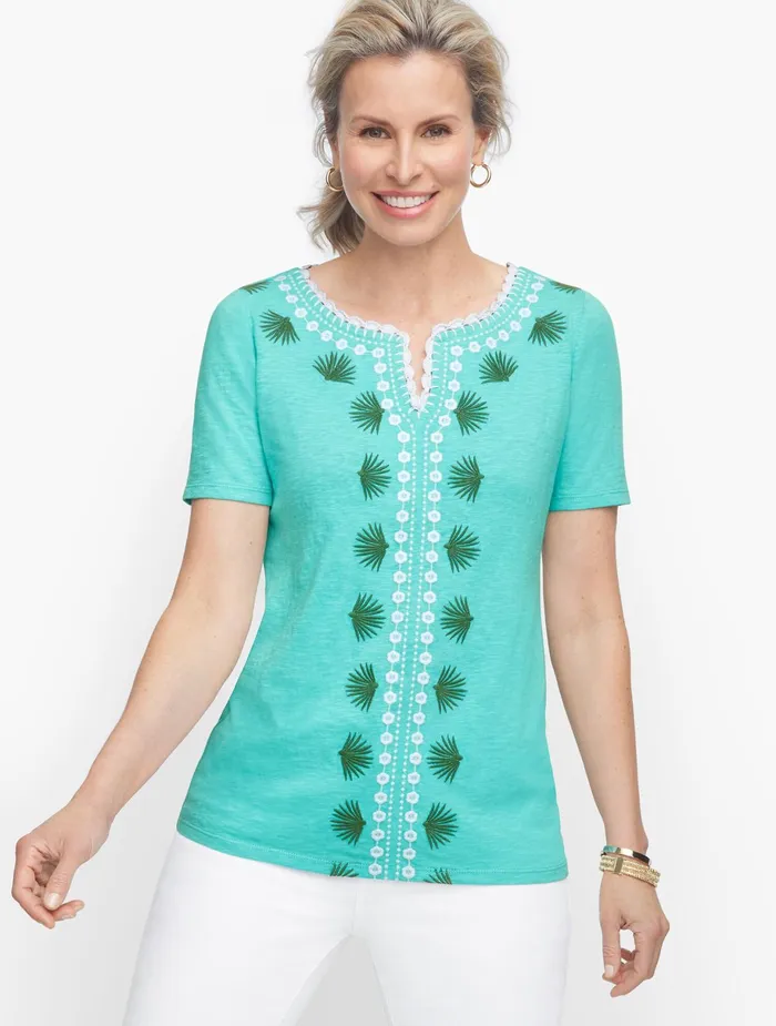 Women Cap And Short Sleeve Talbots Embroidered Palm Frond Tee Lagoon Multi