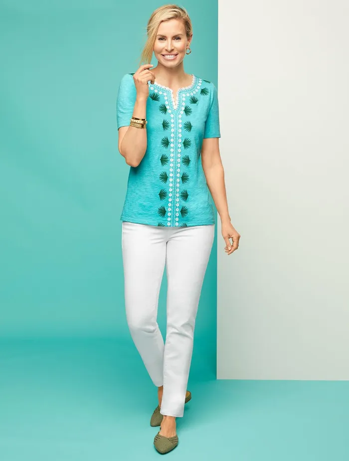 Women Cap And Short Sleeve Talbots Embroidered Palm Frond Tee Lagoon Multi