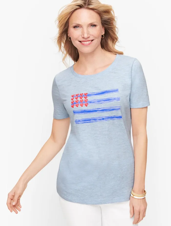 Women Cap And Short Sleeve Talbots Heart Spangled Banner Tee Blue Heather