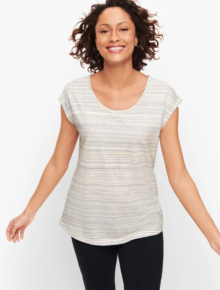 Women Cap And Short Sleeve Talbots Keyhole Back Tee Mills Blue Heather