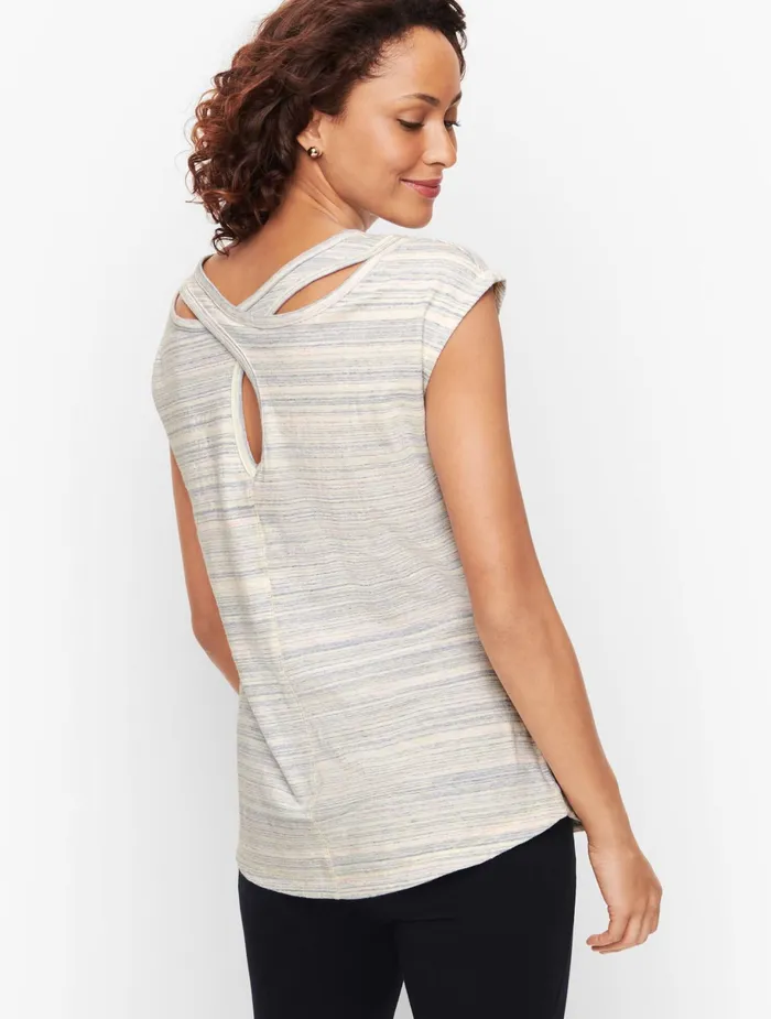 Women Cap And Short Sleeve Talbots Keyhole Back Tee Mills Blue Heather