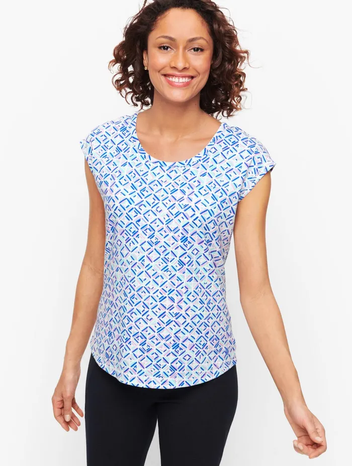 Women Cap And Short Sleeve Talbots Keyhole Back Tee Whitemaliblue