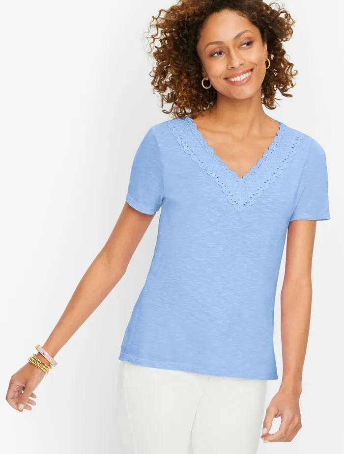 Women Cap And Short Sleeve Talbots Lace Trim VNeck Tee Indigo