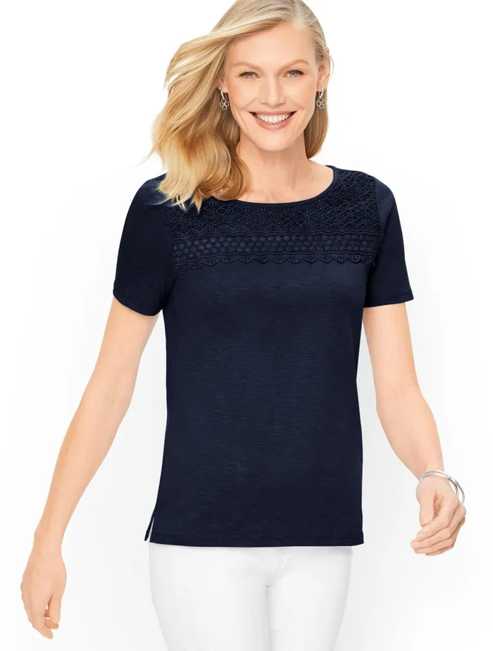 Women Cap And Short Sleeve Talbots Lace Yoke Tee Indigo Blue
