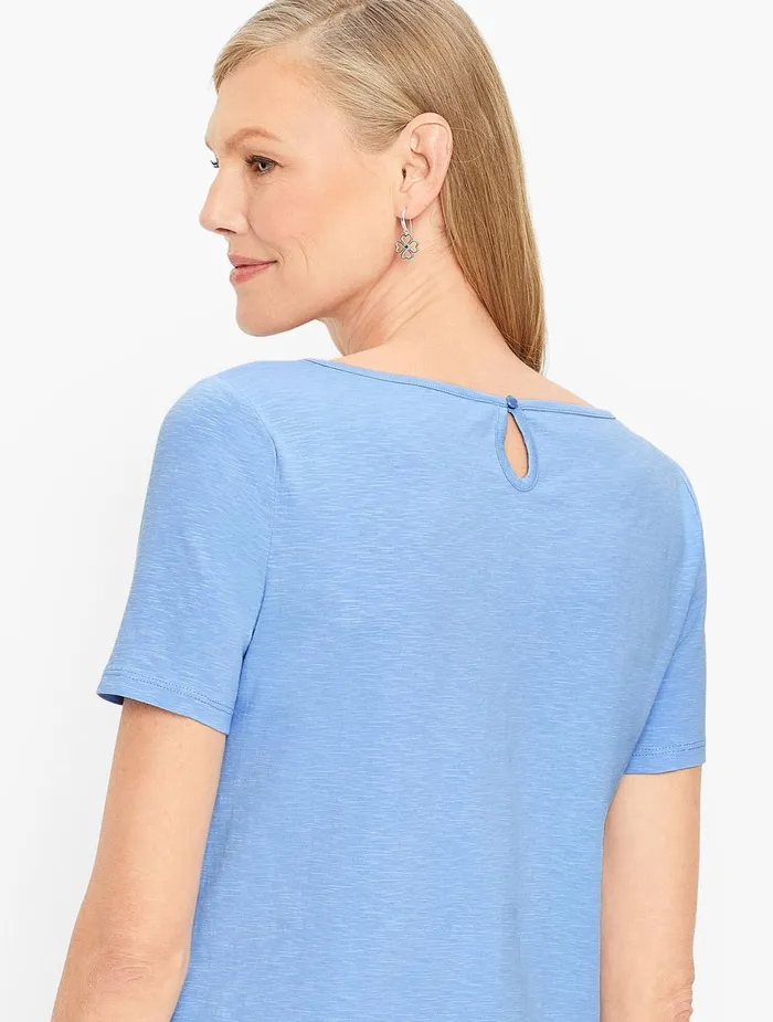 Women Cap And Short Sleeve Talbots Lace Yoke Tee Indigo Blue