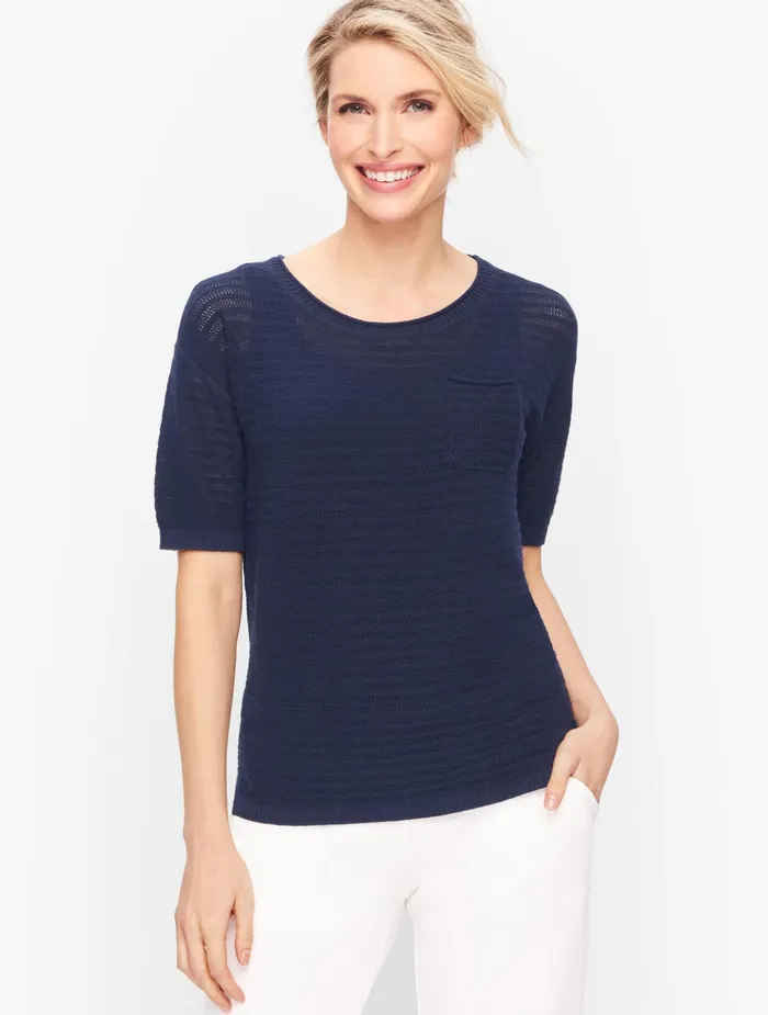 Women Cap And Short Sleeve Talbots Mesh Detail Tee Indigo Blue