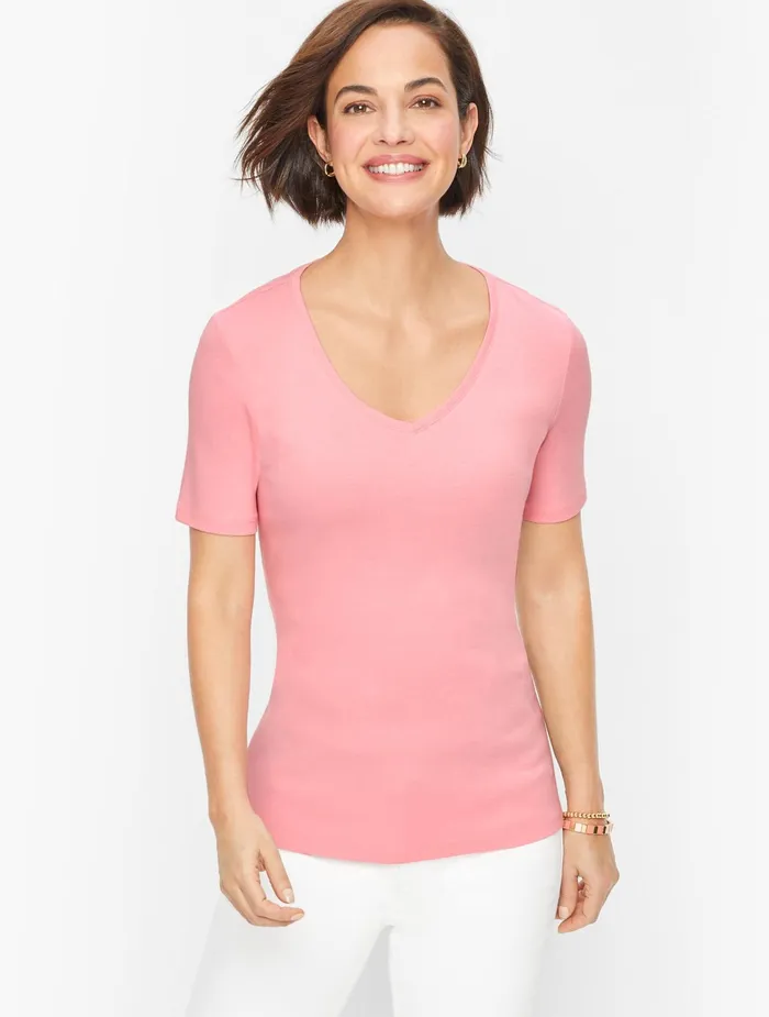 Women Cap And Short Sleeve Talbots Pima Cotton VNeck Tee Black