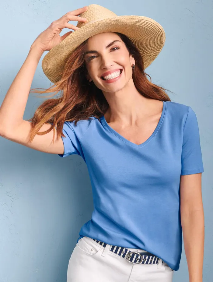 Women Cap And Short Sleeve Talbots Pima Cotton VNeck Tee Black