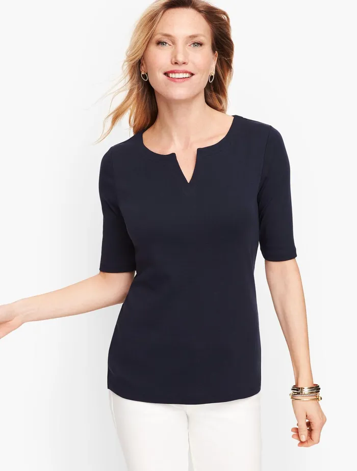 Women Cap And Short Sleeve Talbots Split Neck Cotton Tee Aqua Splash
