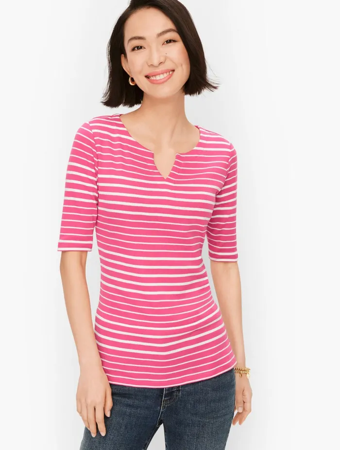 Women Cap And Short Sleeve Talbots Split Neck Cotton Tee Indigo Blue