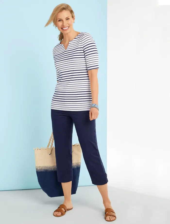 Women Cap And Short Sleeve Talbots Split Neck Cotton Tee Indigo Blue
