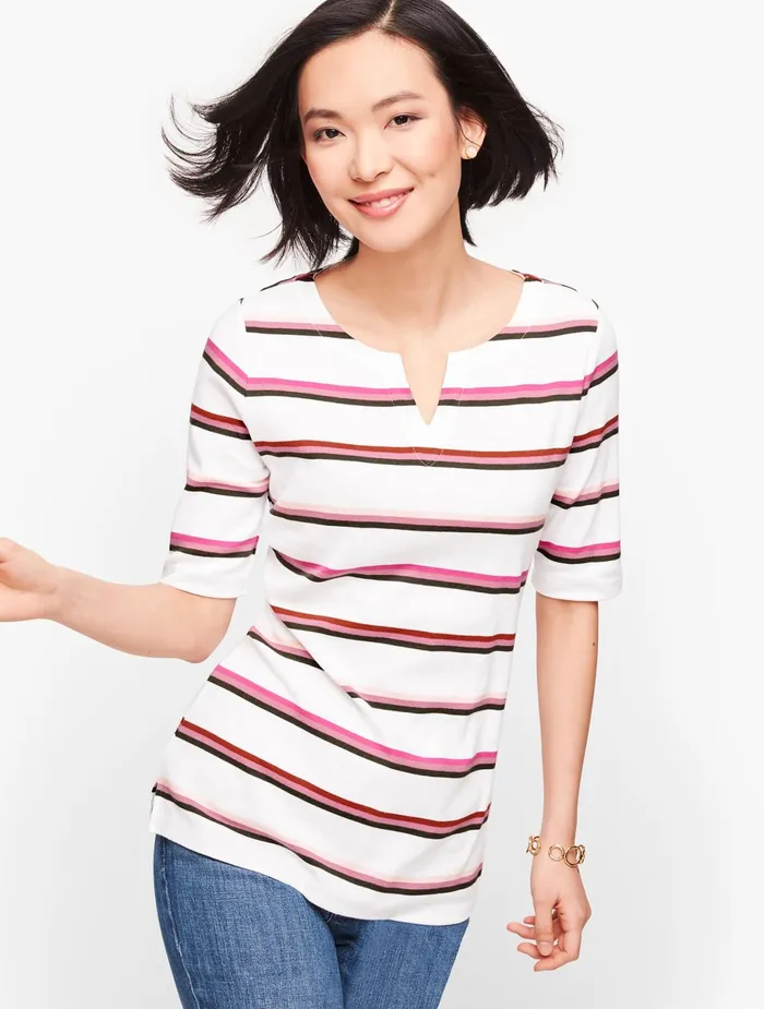 Women Cap And Short Sleeve Talbots Split Neck Tee White Multi