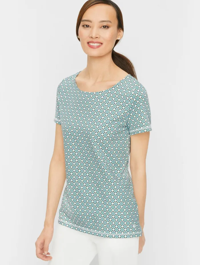Women Cap And Short Sleeve Talbots Supersoft Slub Twist Back Diamond Geo Tee Whitesummer Sage Women Cap And Short Sleeve Talbots Supersoft Slub Twist Back Diamond Geo Tee Whitesummer Sage