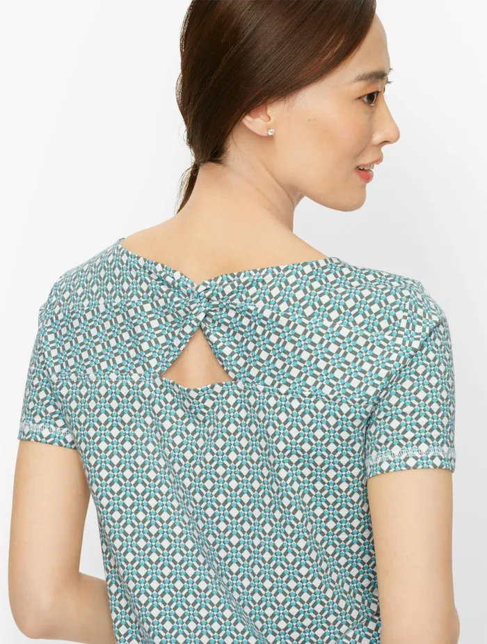 Women Cap And Short Sleeve Talbots Supersoft Slub Twist Back Diamond Geo Tee Whitesummer Sage