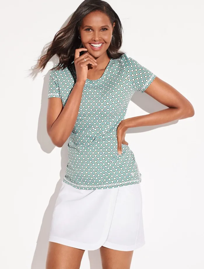 Women Cap And Short Sleeve Talbots Supersoft Slub Twist Back Diamond Geo Tee Whitesummer Sage