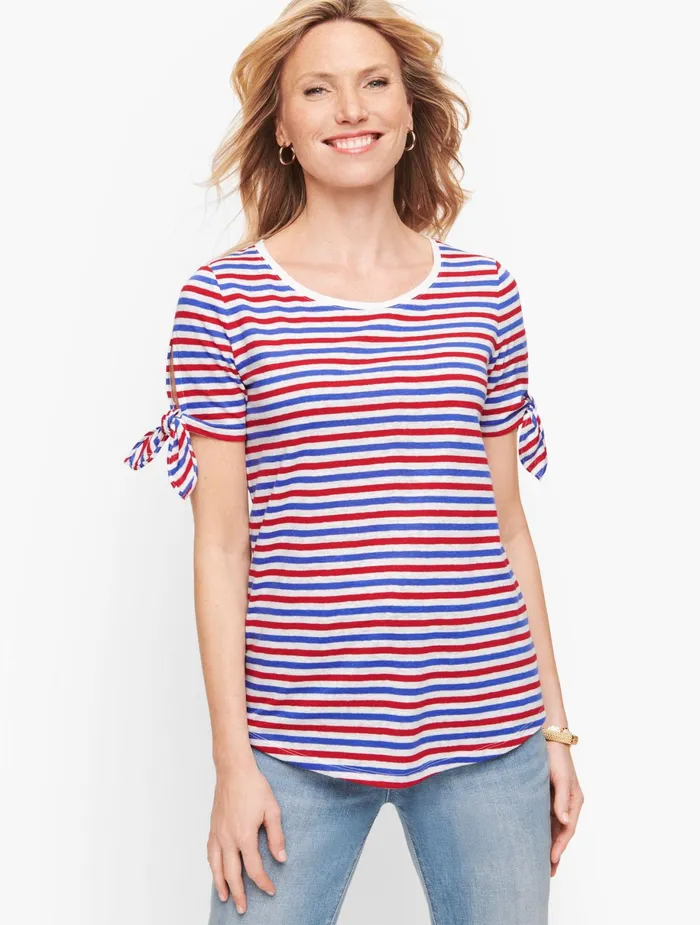 Women Cap And Short Sleeve Talbots Tie Sleeve Tee Red Pop Multi