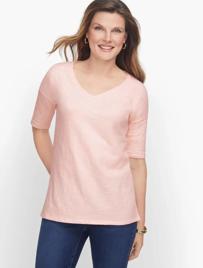 Women Cap And Short Sleeve Talbots VNeck Tee Scallop Pink