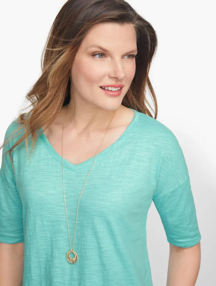 Women Cap And Short Sleeve Talbots VNeck Tee Scallop Pink
