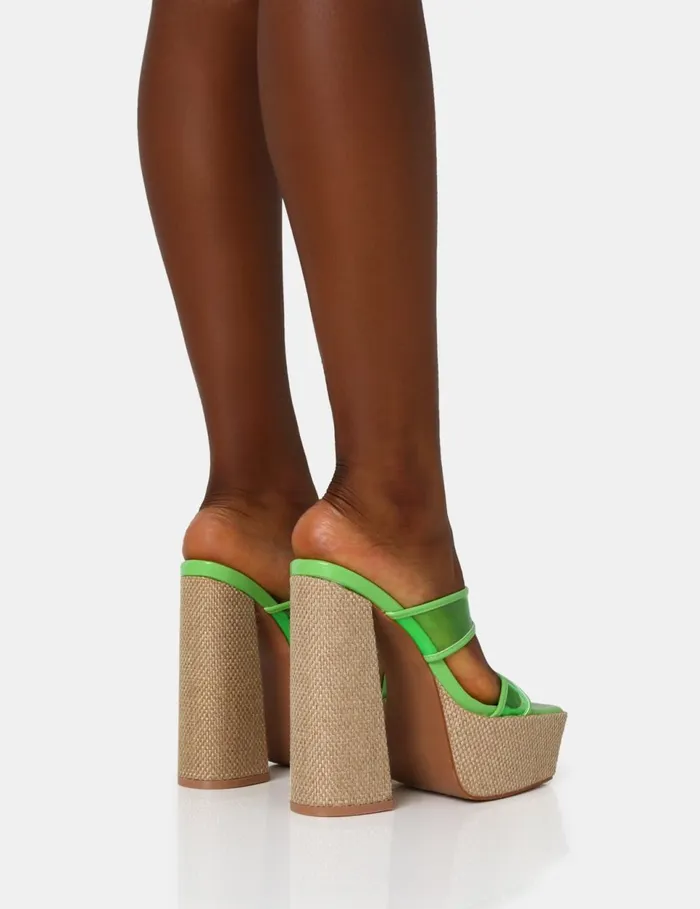 Women Carley Neon Lime Mule Platform Block Heels Green Public Desire Perspex Heels