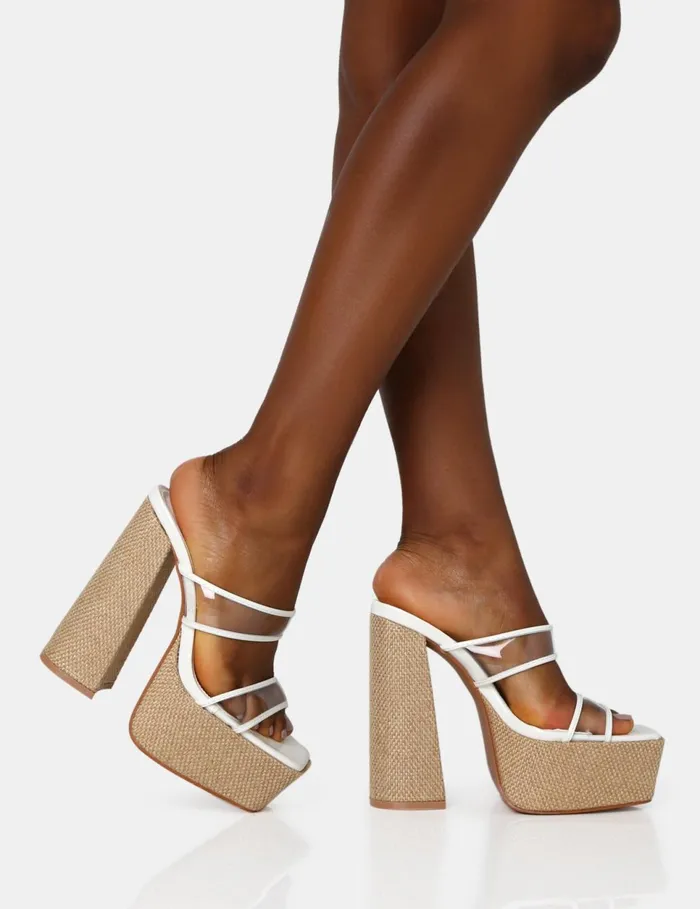 Women Carley White Platform Raffia Block Heels White Public Desire Perspex Heels