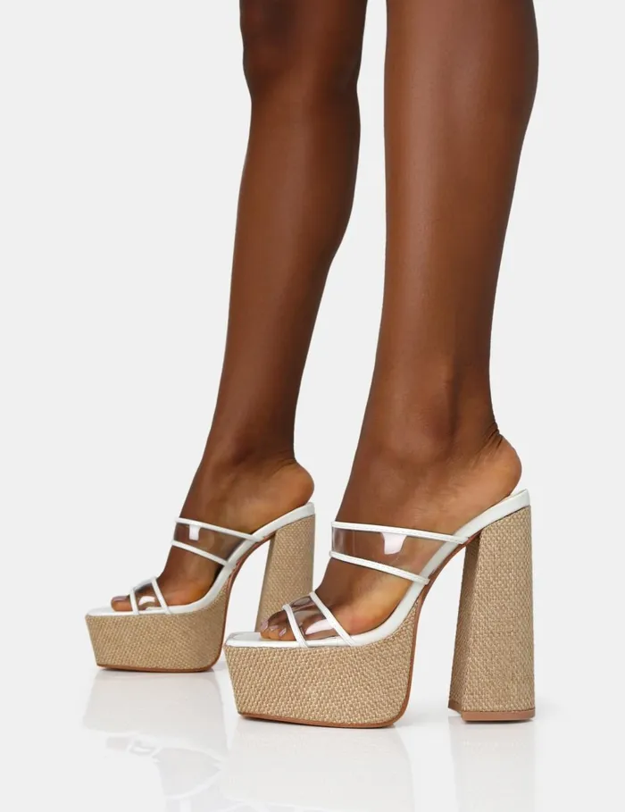 Women Carley White Platform Raffia Block Heels White Public Desire Perspex Heels