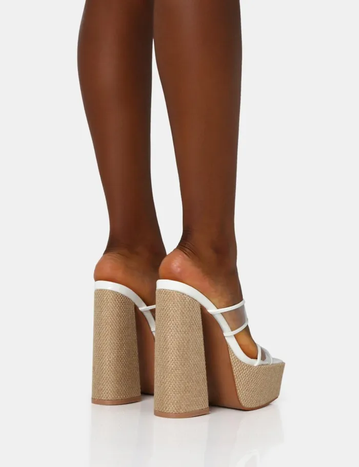 Women Carley White Platform Raffia Block Heels White Public Desire Perspex Heels