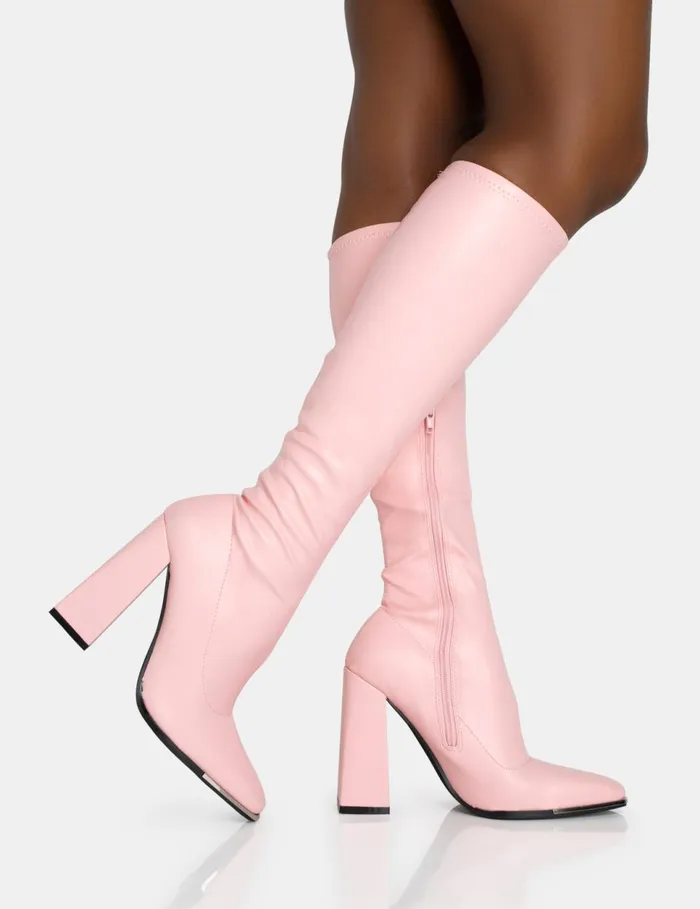 Women Caryn Baby Pink Pu Knee High Heeled Boots Pink Public Desire Long Boots